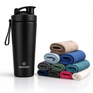 Speedex Stainless Steel Gym Shaker Bottle 750ml with Mixing Ball & Towel for Men & Women | Leakproof Protein Metal Shaker for Gym, Wide Mouth, Measurement Markings, Carry Loop Flip Cap – Black