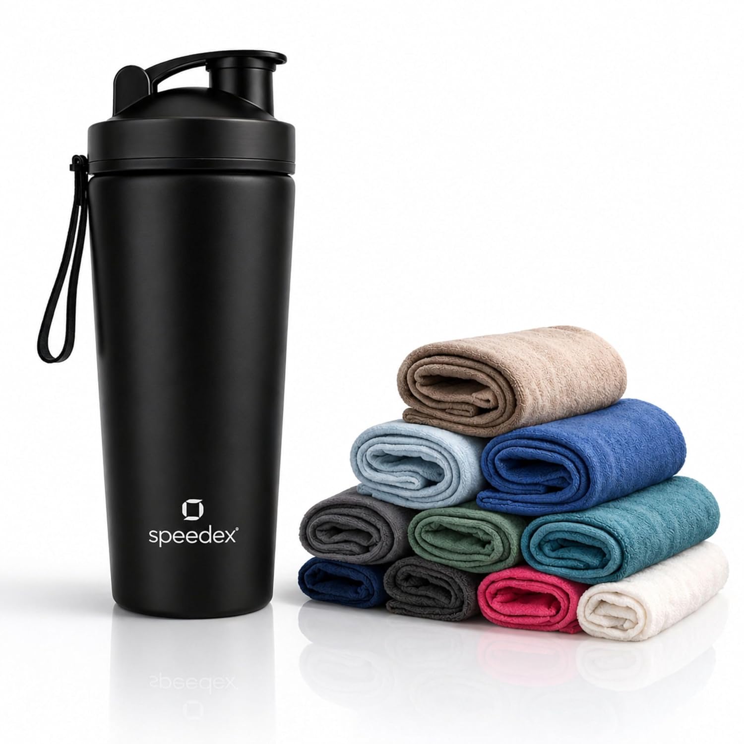 Speedex Stainless Steel Gym Shaker Bottle 750ml with Mixing Ball & Towel for Men & Women | Leakproof Protein Metal Shaker for Gym, Wide Mouth, Measurement Markings, Carry Loop Flip Cap – Black