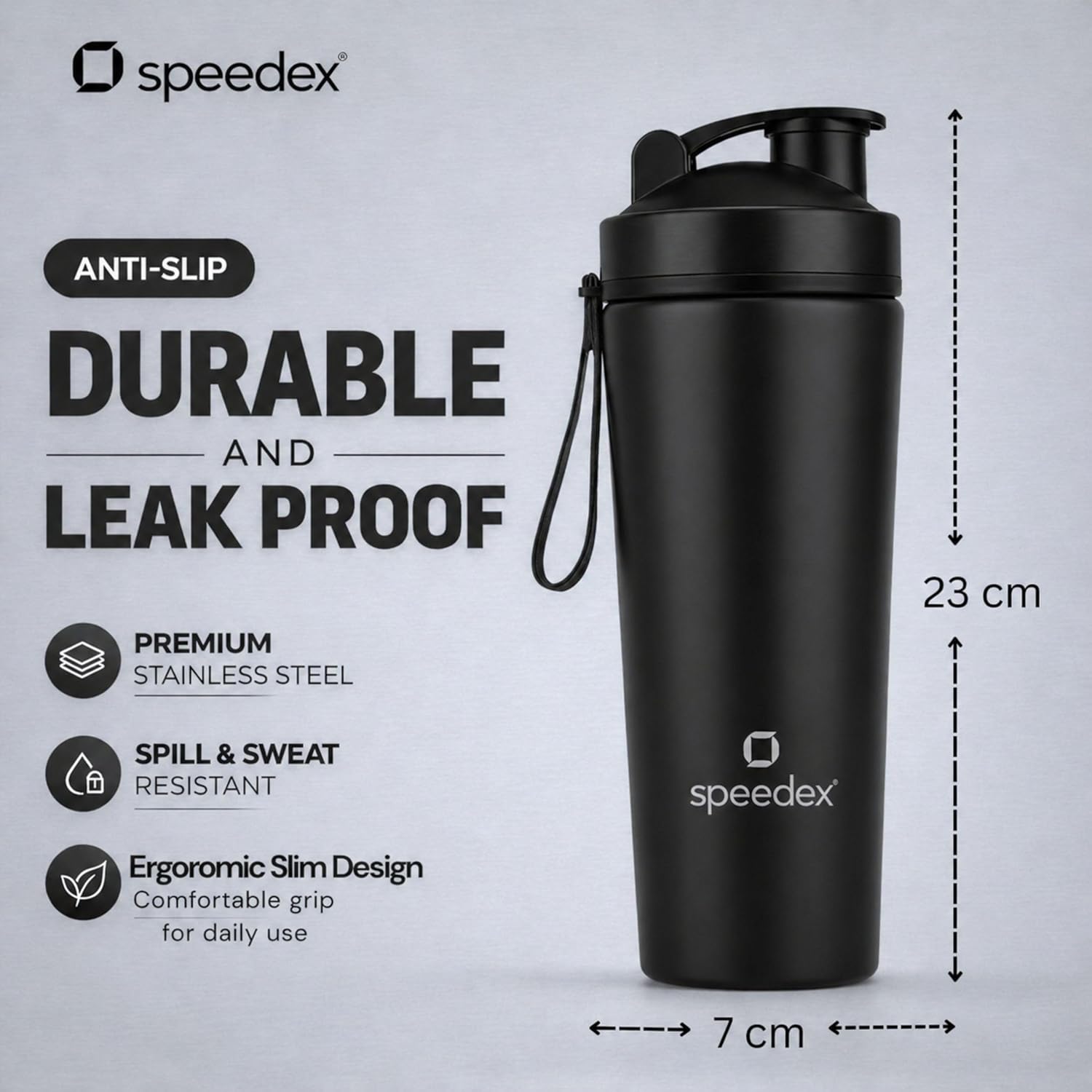Speedex Stainless Steel Gym Shaker Bottle 750ml with Mixing Ball & Towel for Men & Women | Leakproof Protein Metal Shaker for Gym, Wide Mouth, Measurement Markings, Carry Loop Flip Cap – Black - Image 4