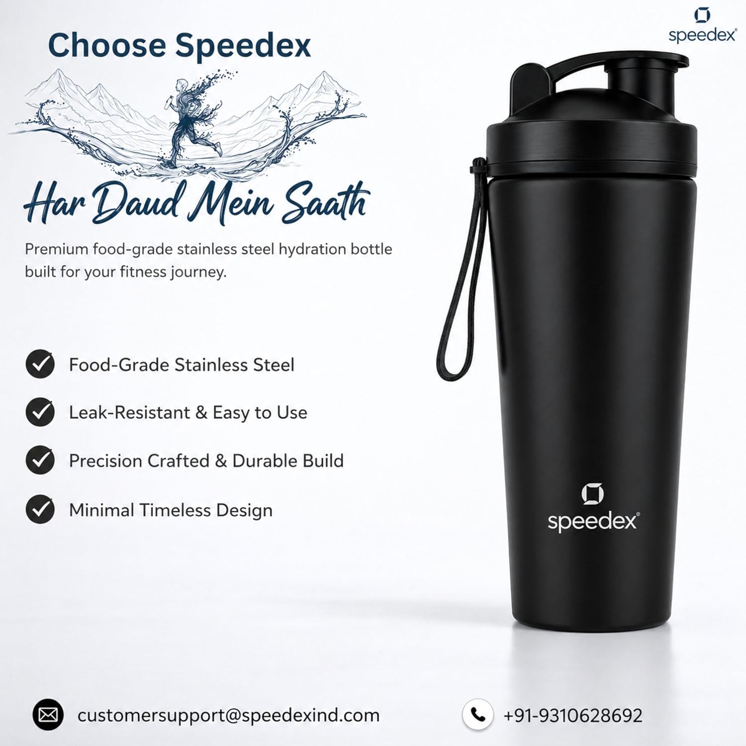 Speedex Stainless Steel Gym Shaker Bottle 750ml with Mixing Ball & Towel for Men & Women | Leakproof Protein Metal Shaker for Gym, Wide Mouth, Measurement Markings, Carry Loop Flip Cap – Black - Image 2