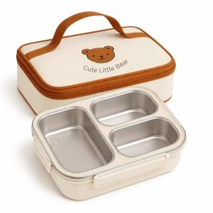 Motka 850ml Bento Lunch Box 3-Compartment Combo Set with Insulated Carry Bag | Stainless Steel Lunch Box | Leak-Resistant | Office & Travel Meals (Beige)