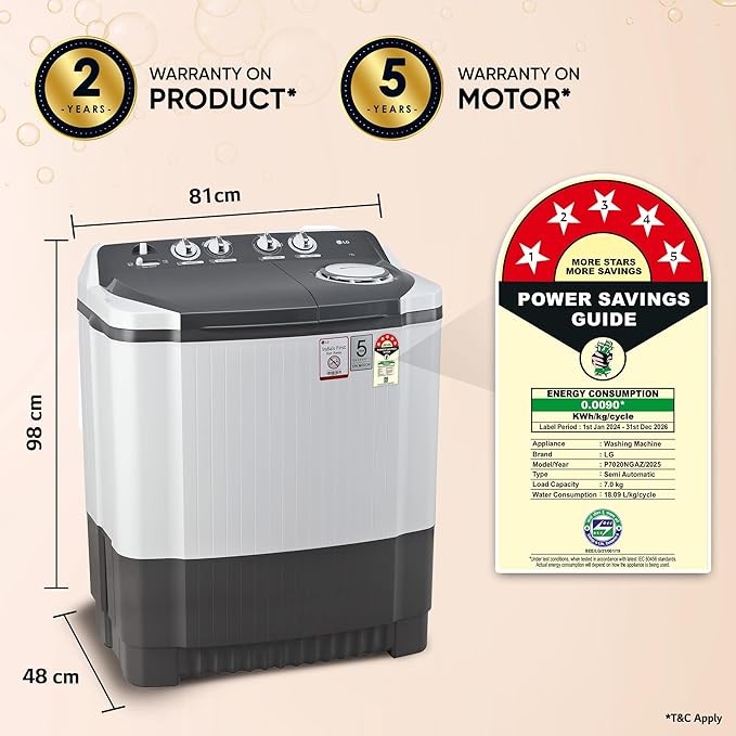 LG 7 Kg 5 Star Wind Jet Dry Semi-Automatic Top Loading Washing Machine (P7020NGAZ, Dark Gray, Rat Away Feature) - Image 4